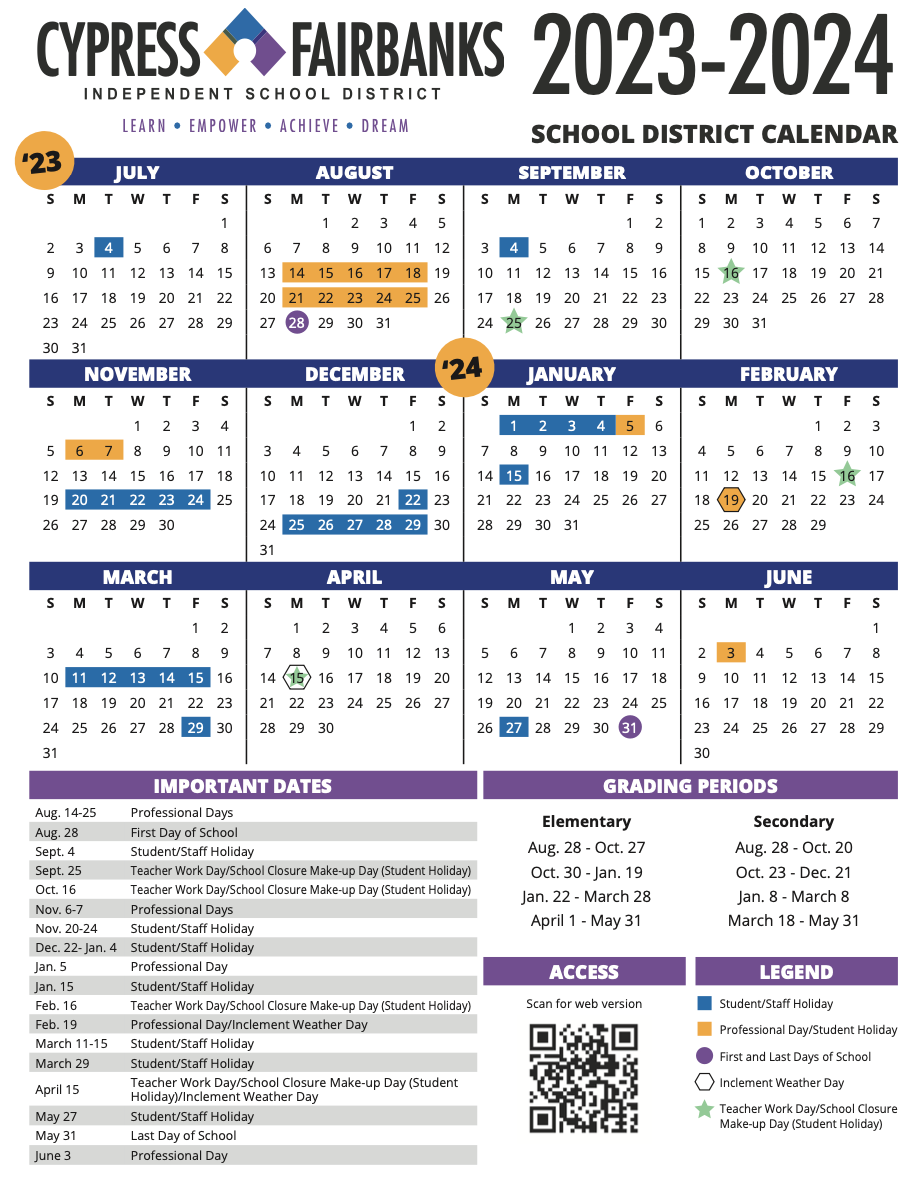 The upcoming 2023-2024 school year calendar in Cypress, Texas. (courtesy CFISD Communications)